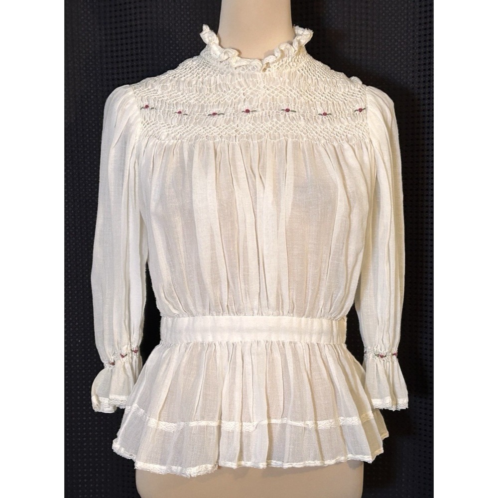 Vintage Victorian/Edwardian Style Bishop Sleeve Blouse Lace Roses Pintuck White